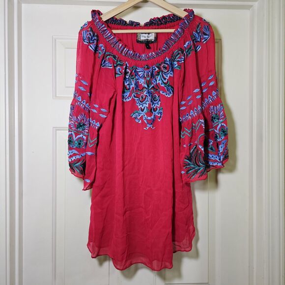 Vintage Collection Women's Red Chiffon Top Tunic Blue Floral Embroidery Beaded L - Picture 3 of 12